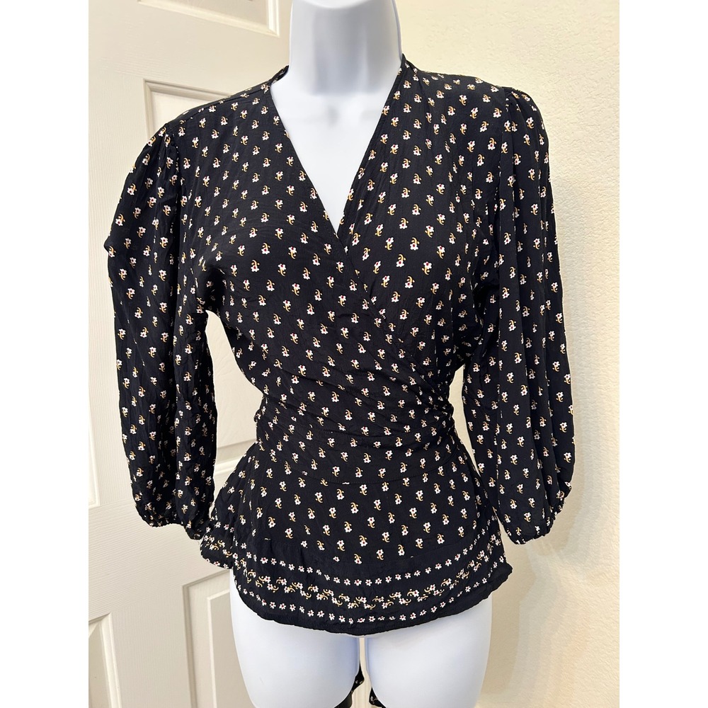 Faithfull The Brand x Anthropologie Wrap Top Womens S Black Floral Excellent